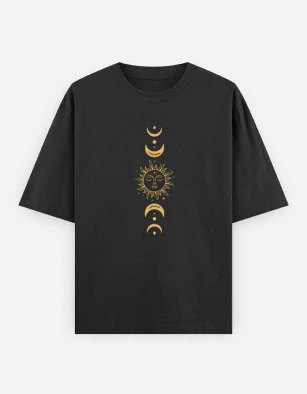 Oversized Black T-Shirt with Celestial Sun & Moon Design