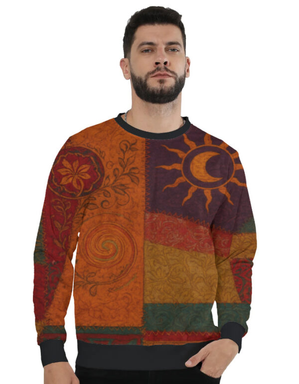Celestial Patchwork AOP Sweatshirt – Sun, Moon & Spiral Harmony